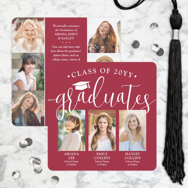 Triple Graduation Photo Collage Red & White Joint Announcement (Creator Uploaded)