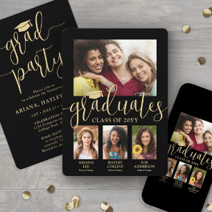 Triple Graduation Photos Black & Gold Joint Party Invitation