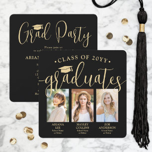 Triple Graduation Photos Black & Gold Joint Party Invitation