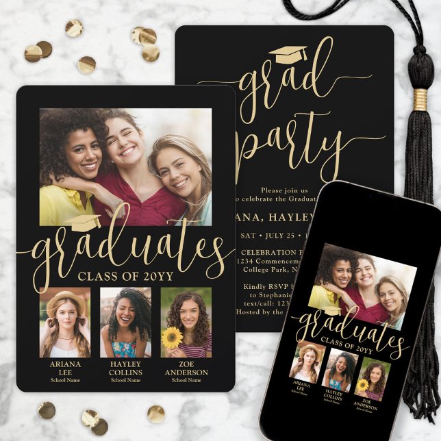 Triple Graduation Photos Black & Gold Joint Party Invitation (Creator Uploaded)