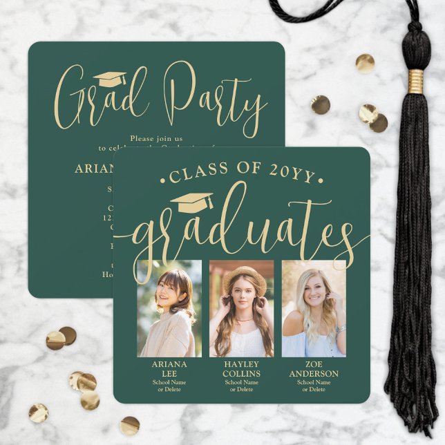 Triple Graduation Photos Green & Gold Joint Party Invitation (Creator Uploaded)