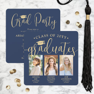Triple Graduation Photos Navy & Gold Joint Party Invitation