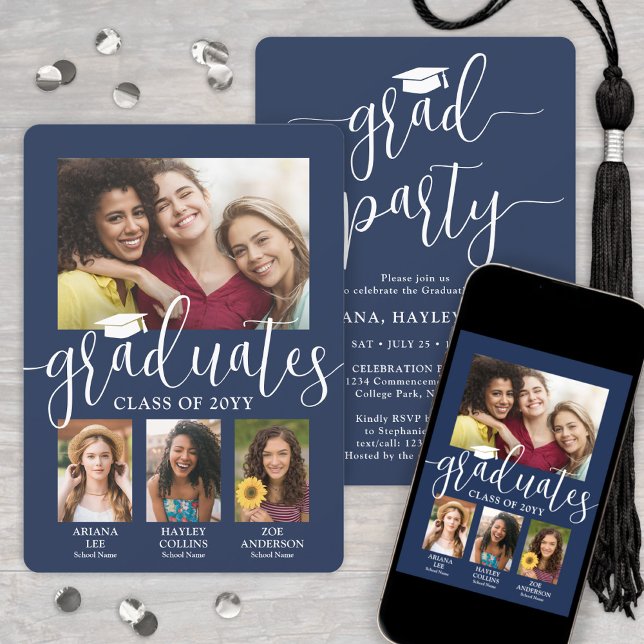 Triple Graduation Photos Navy & White Joint Party Invitation (Creator Uploaded)
