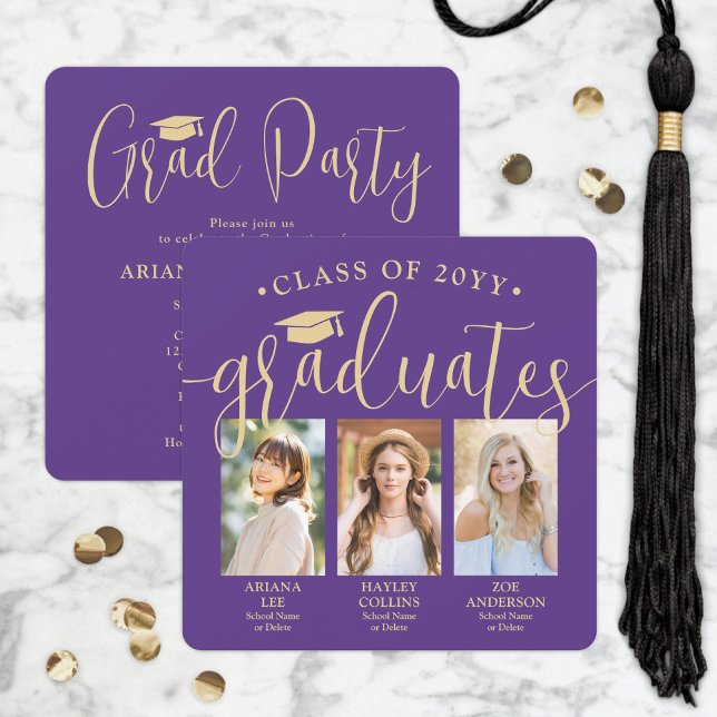 Triple Graduation Photos Purple & Gold Joint Party Invitation (Creator Uploaded)