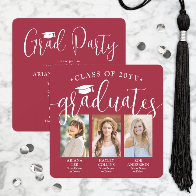 Triple Graduation Photos Red and White Joint Party Invitation (Creator Uploaded)