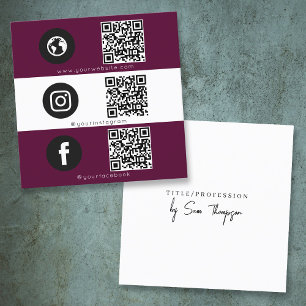 Triple Icon & QR Code Business Social Media Maroon Square Business Card