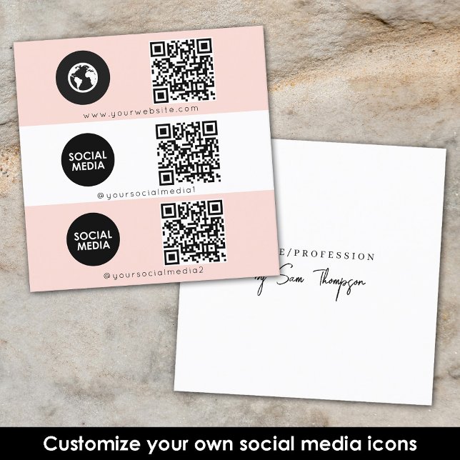 Triple Icon QR Code Custom Social Media Pink Square Business Card (Triple Icon QR Code Custom Social Media Pink Square Business Card)