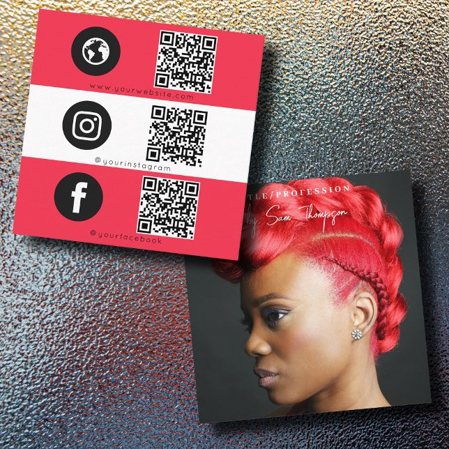 Triple Icon QR Code Full Photo Social Media Red Calling Card (Triple Icon QR Code Full Photo Social Media Red Calling Card)