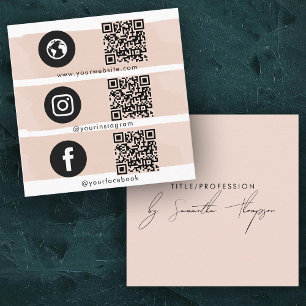 Triple Icon QR Code Social Media Blush Pink  Square Business Card