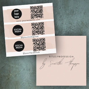 Triple Icon QR Code Social Media Logo Blush Pink  Square Business Card