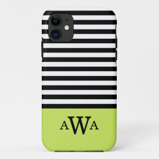Triple Letter Monogram Green Black White Stripes iPhone 11 Case