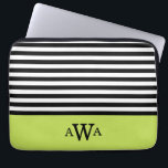 Triple Letter Monogram Green Black White Stripes Laptop Sleeve<br><div class="desc">Trendy,  chic,  girly,  black and white striped pattern with lime green colour block border featuring a triple monogram template for you to easily personalise with your first,  last and middle name initial letters.</div>