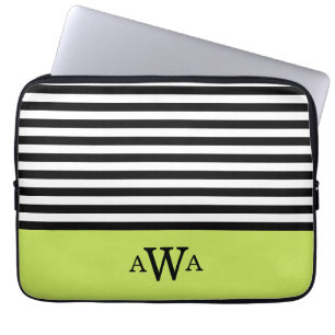 Triple Letter Monogram Green Black White Stripes Laptop Sleeve