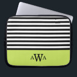 Triple Letter Monogram Green Black White Stripes Laptop Sleeve<br><div class="desc">Trendy,  chic,  girly,  black and white striped pattern with lime green colour block border featuring a triple monogram template for you to easily personalise with your first,  last and middle name initial letters.</div>