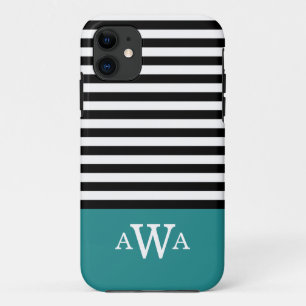 Triple Letter Monogram Teal Black White Stripes Case-Mate iPhone Case