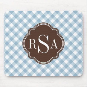 Triple Monogram Brown Blue Gingham Pattern Mouse Pad
