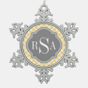 Triple Monogram Grey Yellow Gingham Pattern Snowflake Pewter Christmas Ornament
