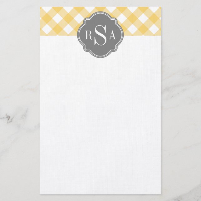 Triple Monogram Grey Yellow Gingham Pattern Stationery (Front)