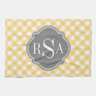 Triple Monogram Grey Yellow Gingham Pattern Tea Towel