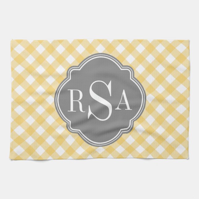 Triple Monogram Grey Yellow Gingham Pattern Tea Towel (Horizontal)