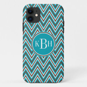 Triple Monogram Teal Blue Brown Chevron Case-Mate iPhone Case
