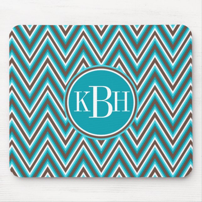 Triple Monogram Teal Blue Brown Chevron Mouse Pad (Front)
