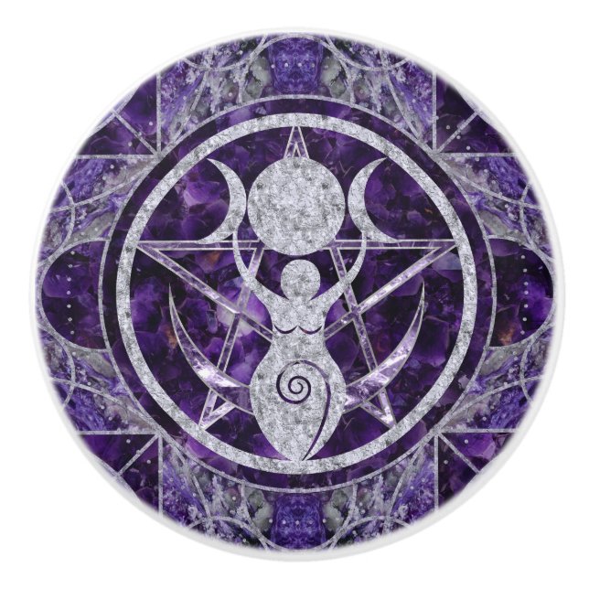 Triple Moon - Goddess -Amethyst and Silver Ceramic Knob (Front)