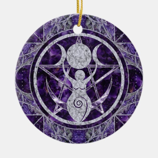 Triple Moon - Goddess -Amethyst and Silver Ceramic Tree Decoration (Front)