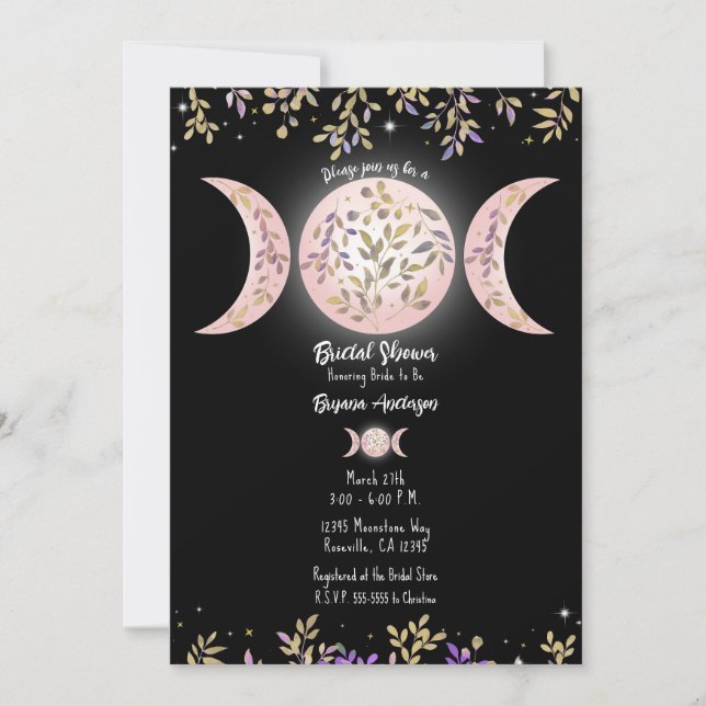 Triple Moon Goddess Botanical Black Bridal Shower Invitation (Front)