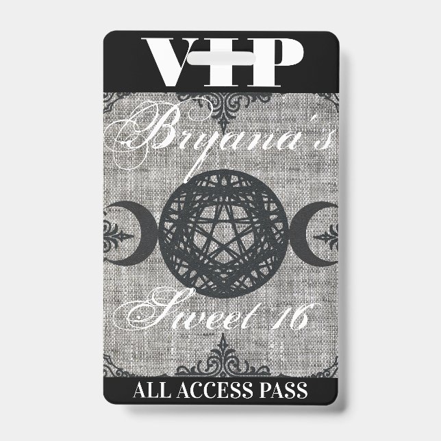 Triple Moon Goddess Burlap VIP Pass Birthday Party ID Badge (Front)