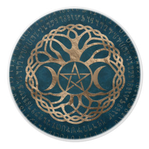 Triple Moon Goddess with pentagram Ceramic Knob
