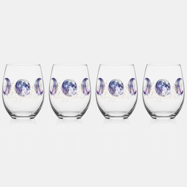 Triple Moon Purple and Gold  Stemless Wine Glass (Front)