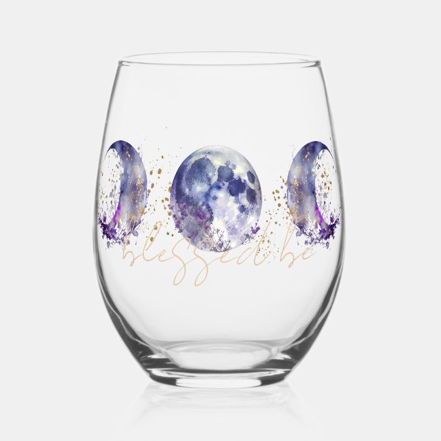 Triple Moon Purple and Gold Wine Tumbler Stemless Wine Glass (Front)