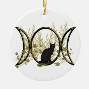 Triple Moon Symbol - Black Cat Ceramic Tree Decoration