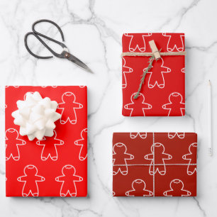 Triple Pack Red Gingerbread Men  Wrapping Paper Sheet