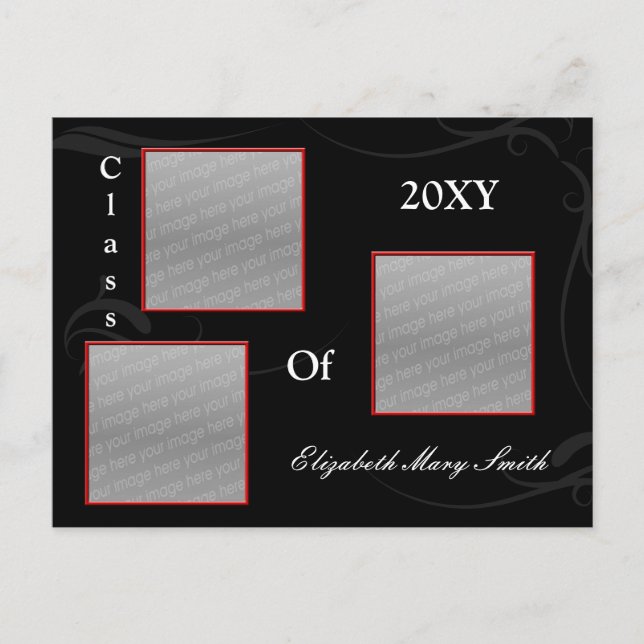 TRIPLE PHOTO red Graduation Invitation Postcard (Front)