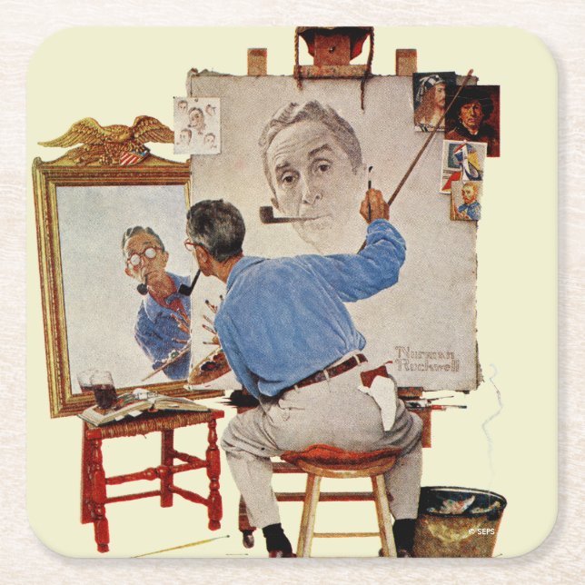 Triple Self-Portrait Square Paper Coaster (Front)