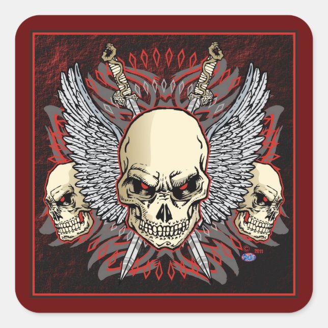 triple skulls of death design richard legarreta square sticker (Front)