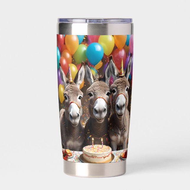 Triple the Joy: A Donkey Triplets' Birthday Bash Insulated Tumbler (Back)
