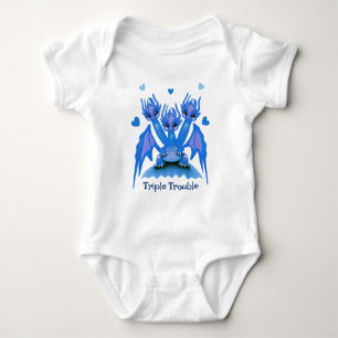 Triple Trouble Cute Blue Three-Headed Dragon Baby Bodysuit
