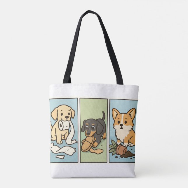 Triple Trouble – Mischievous Puppies Caught in the Tote Bag (Back)