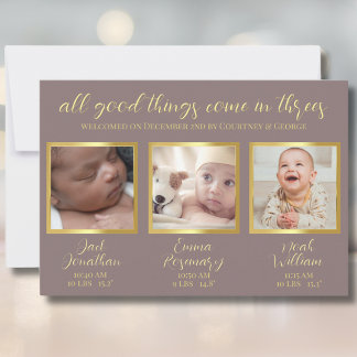 Triplet babies birth announcement welcome Card