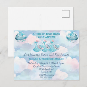 Triplet Baby Boys Blue Shower Invitation Postcard