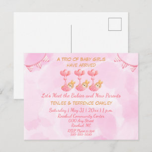Triplet Baby Girls Pink Shower Invitation Postcard