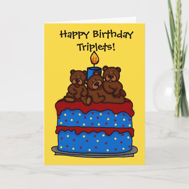 triplet bears on birthday cake card (Front)