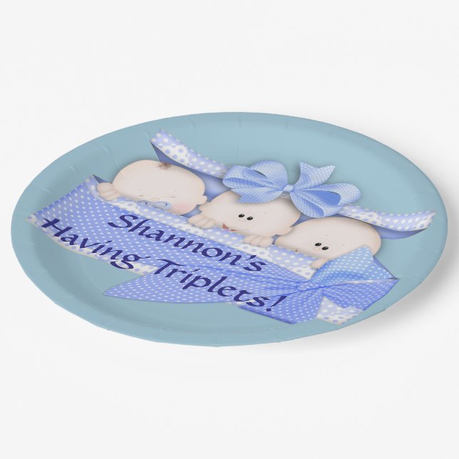 Triplet Blue Boy Baby Shower Party Paper Plates (Angled)