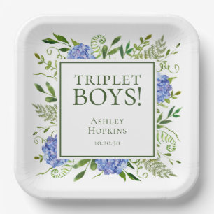 Triplet Boys Blue Hydrangeas Baby Shower Paper Plate