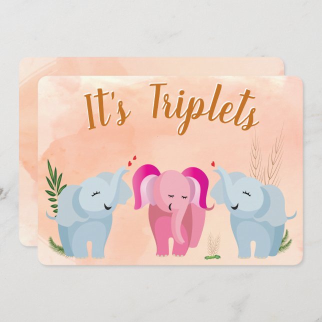 Triplet Elephant Baby Shower Invitation (Front/Back)