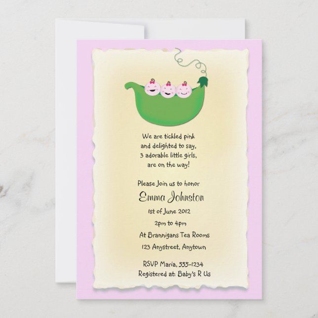 Triplet Girl Peas in a Pod baby shower invite (Front)