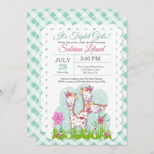 Triplet Girls Adorable Giraffes Baby Shower Invitation